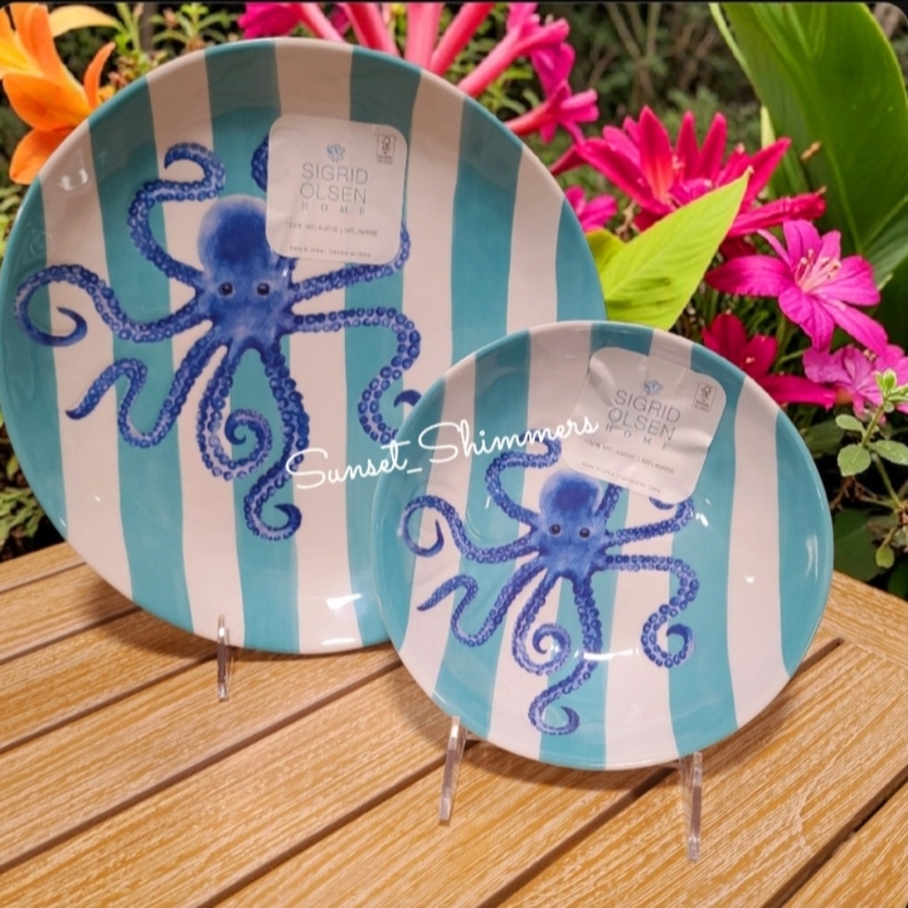 8pc Sigrid Olsen Blue Octopus Cabana Stripe Melamine Dinner Plate & Bowl Set New - Picture 9 of 10